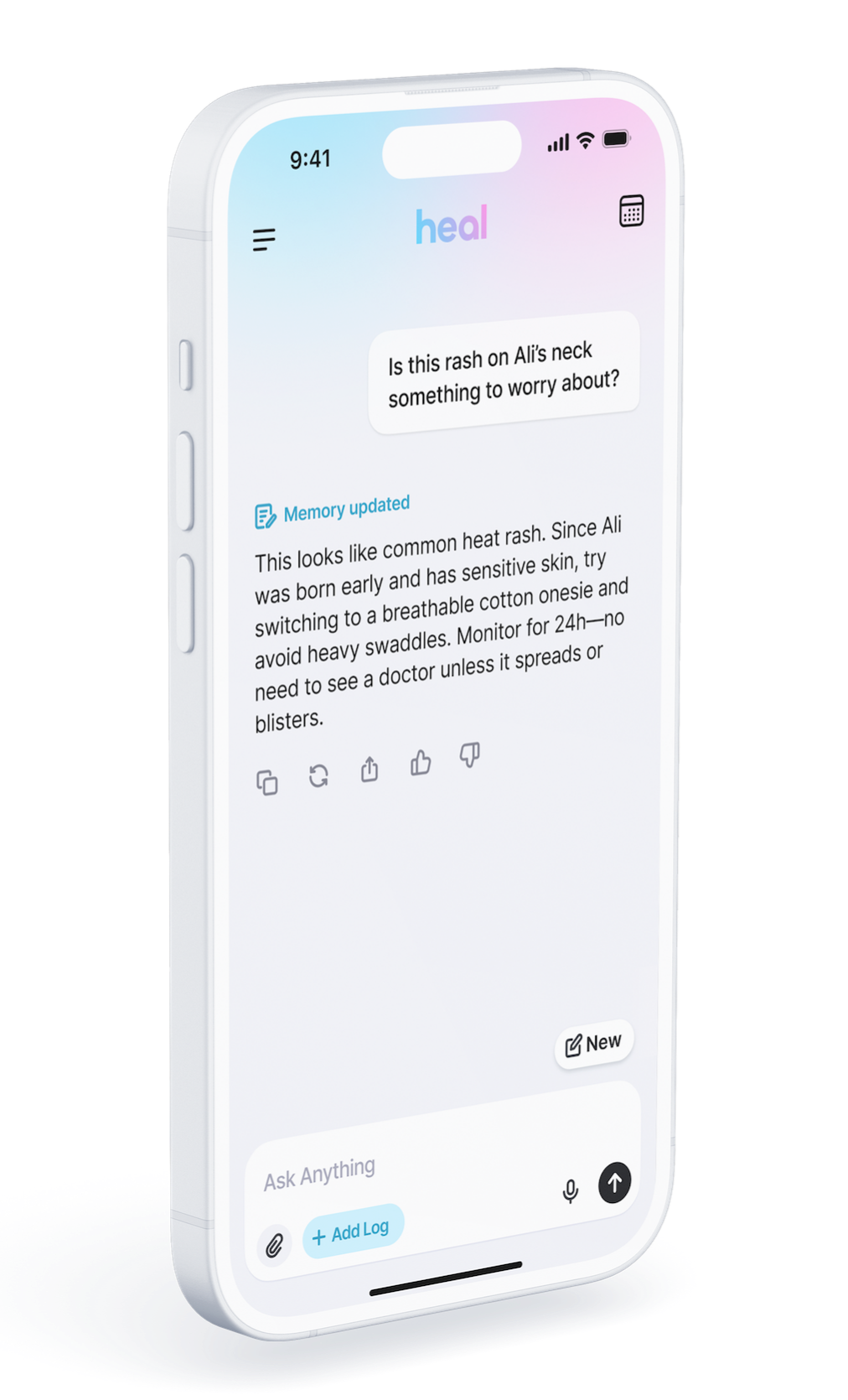 Heal app interface showing a chat about a rash