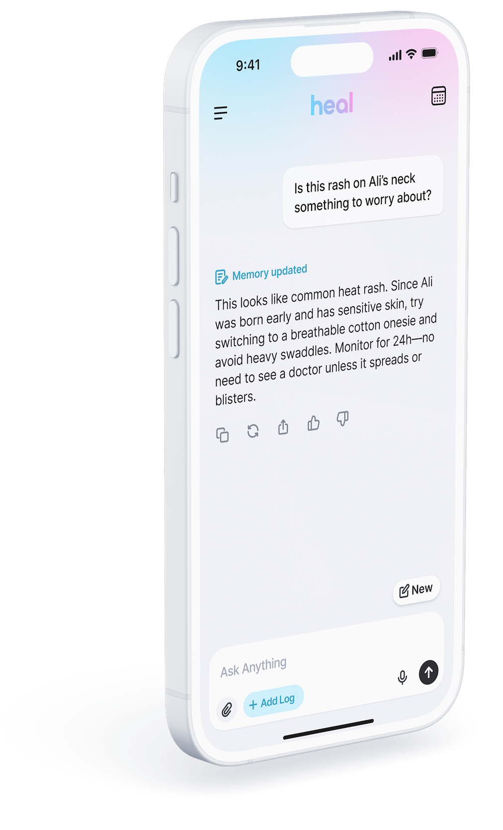 Heal app interface showing a chat about a rash